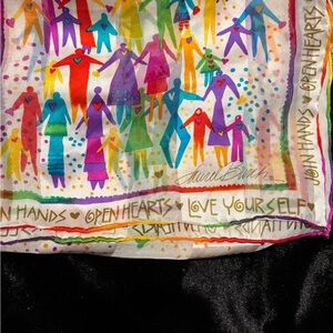 Vintage Laurel Burch 100% silk Multicolor Artistic Scarf, hand sewing edges